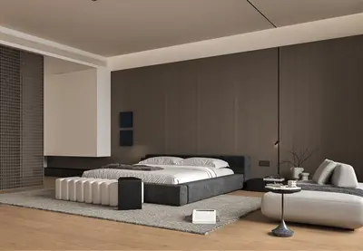 Minimalist Modern Bedroom with Dark Panel Accent Wall 3d model