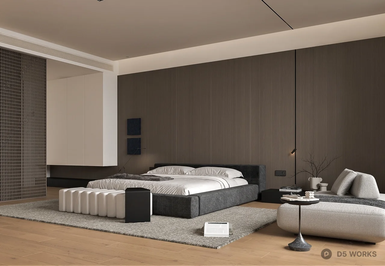 Minimalist Modern Bedroom with Dark Panel Accent Wall 3d model - Image 1