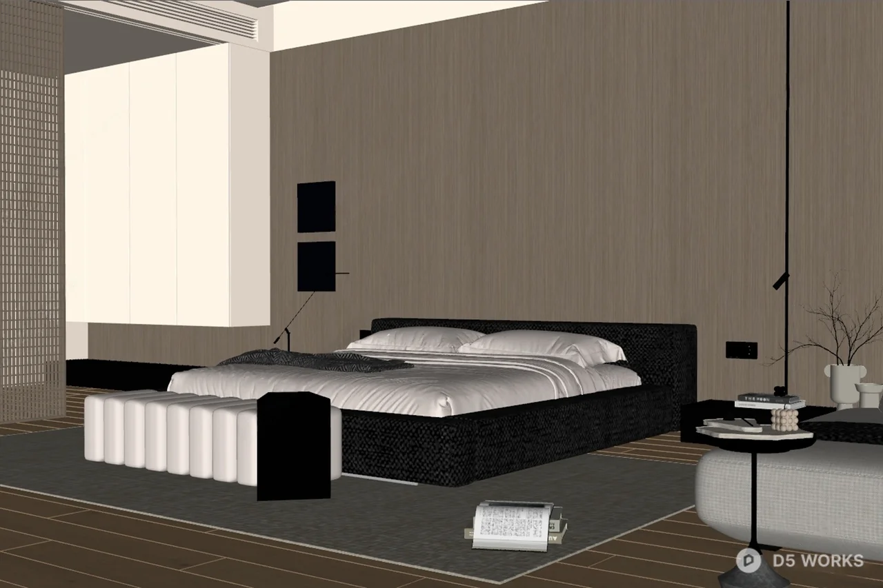Minimalist Modern Bedroom with Dark Panel Accent Wall 3d model thumbnail 2