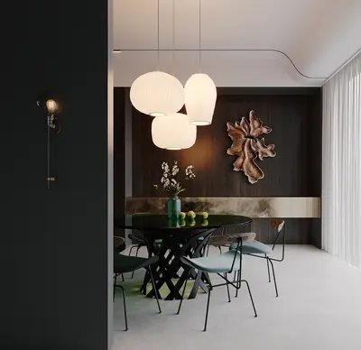 Modern Minimalist Dining Room with Sculptural Pendant Lights 3d model