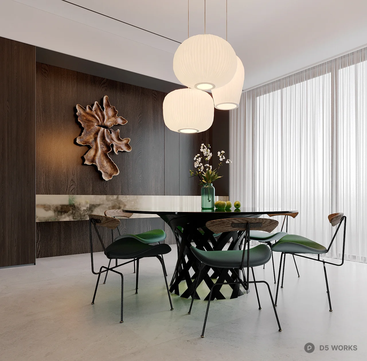 Modern Minimalist Dining Room with Sculptural Pendant Lights 3d model thumbnail 2
