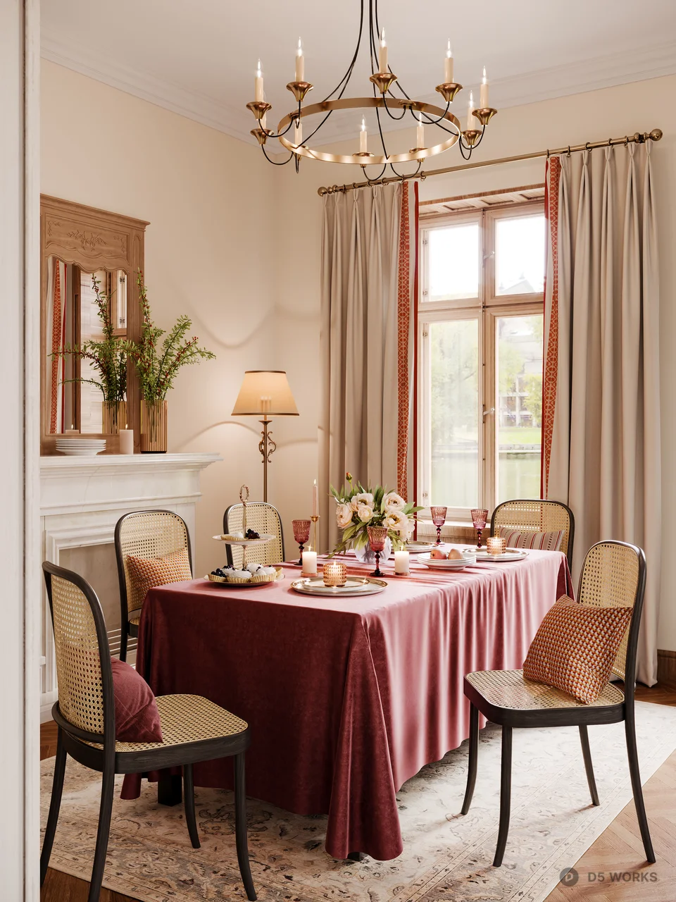 Transitional Style Dining Room with Velvet Tablecloth 3d model - Image 1