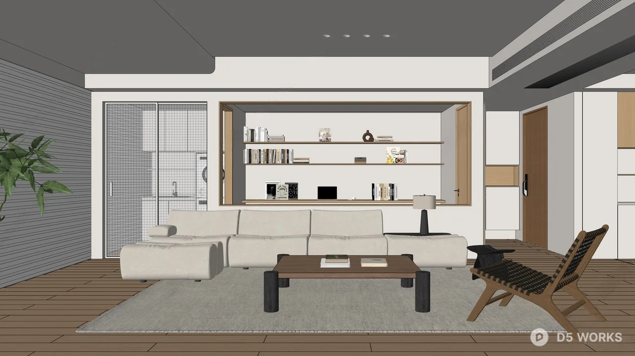 Minimalist Living Room with Built In Shelving 3d model thumbnail 2