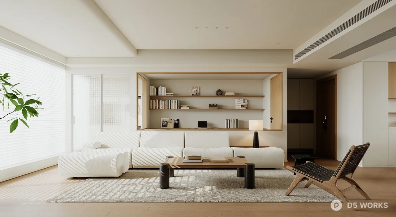 Minimalist Living Room with Built In Shelving 3d model - Image 1