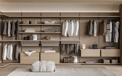 Modern Minimalist Walk In Closet With Warm Tones 3d model