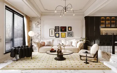 Mid Century Modern Living Room with Marble Floor and Art Wall 3d model