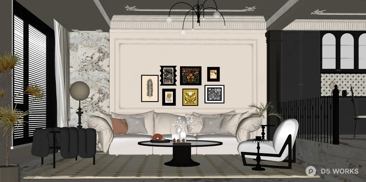 Mid Century Modern Living Room with Marble Floor and Art Wall 3d model thumbnail 2