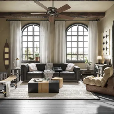 Vintage Industrial Living Room With Arched Windows 3d model