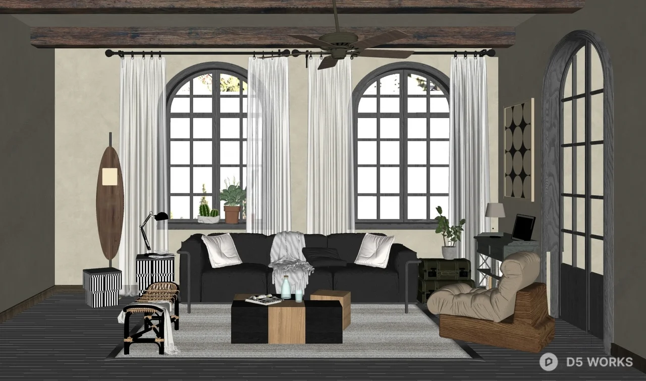 Vintage Industrial Living Room With Arched Windows 3d model thumbnail 2