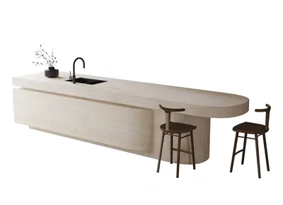 Minimalist Wood Island Table With Bar Stools 3d model