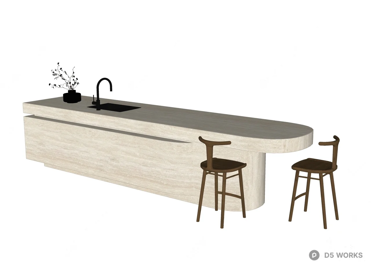 Minimalist Wood Island Table With Bar Stools 3d model thumbnail 2