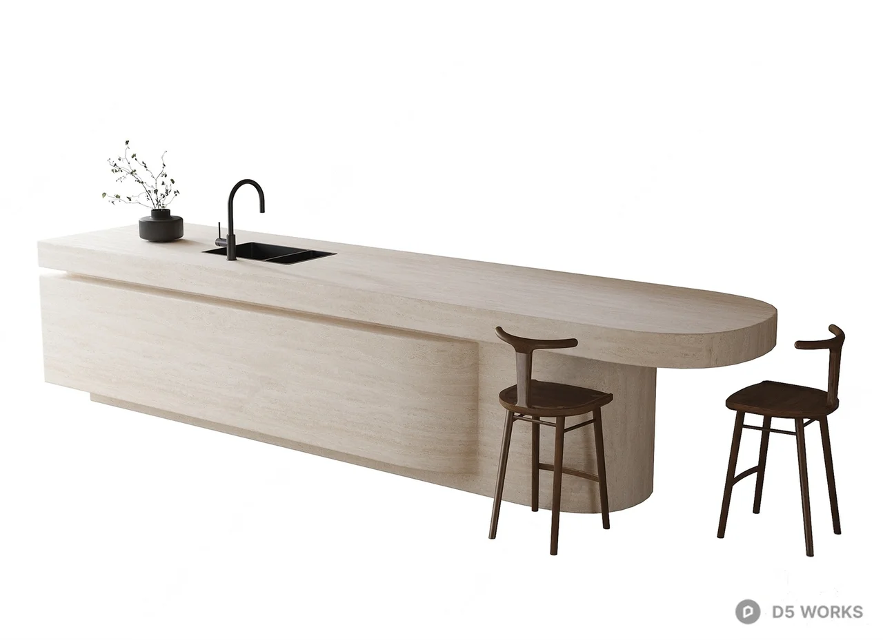 Minimalist Wood Island Table With Bar Stools 3d model - Image 1