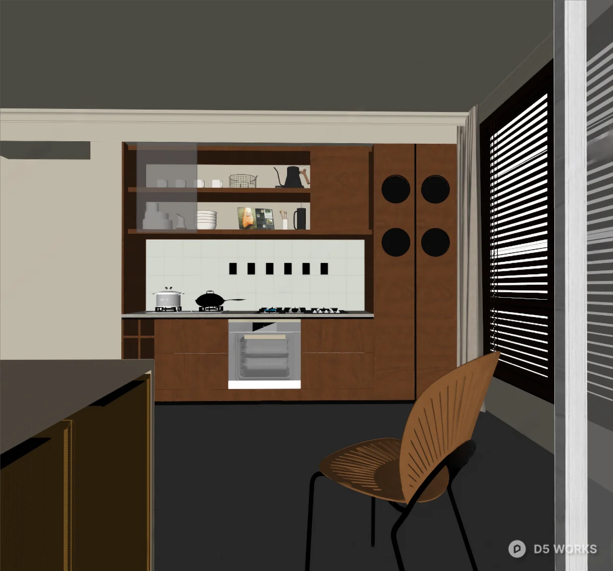 Modern Open Kitchen With Wooden Cabinetry And Integrated Appliances 3d model thumbnail 2