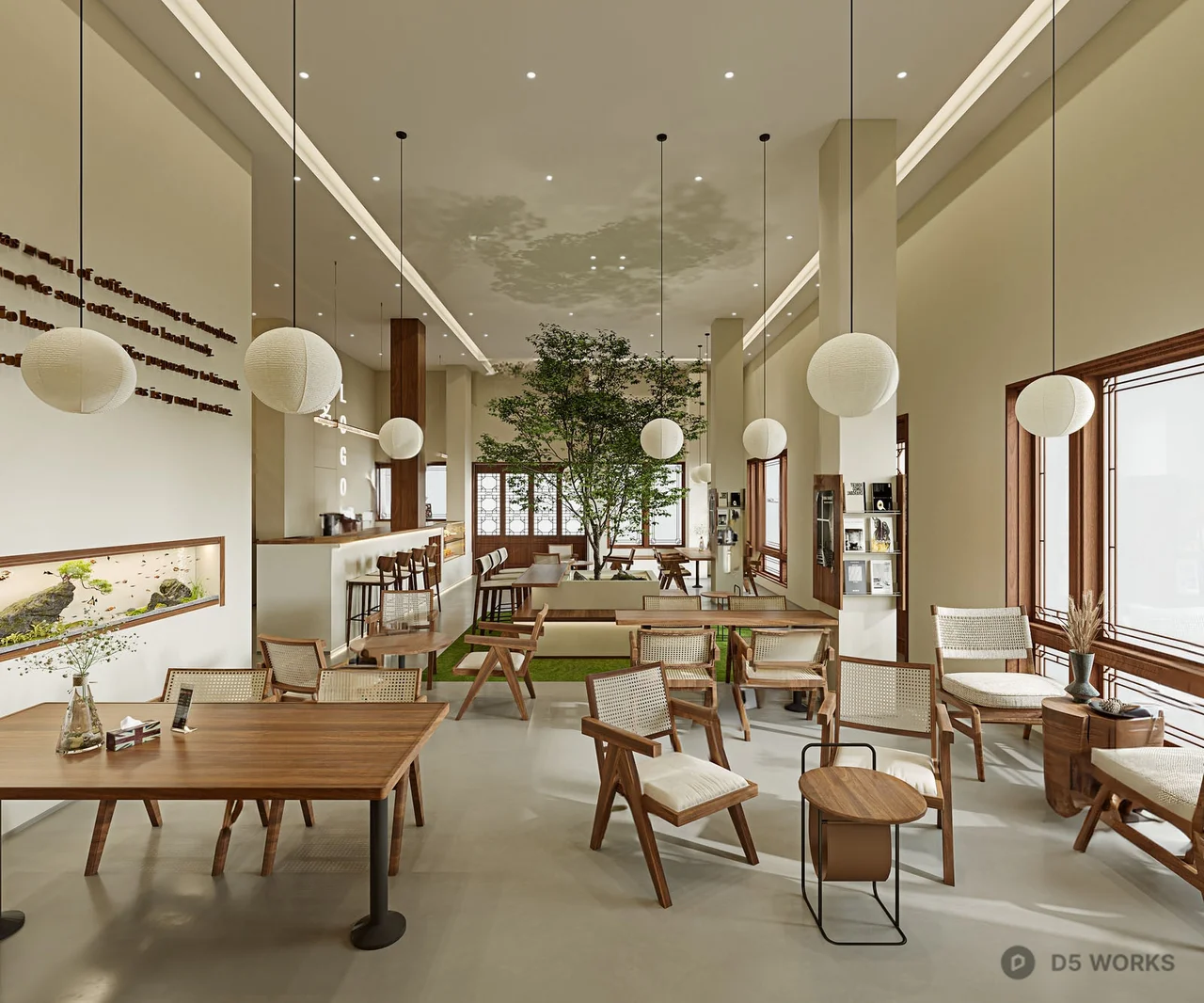 Minimalist Coffee Shop With Wooden Furniture And Pendant Lighting 3d model - Image 1