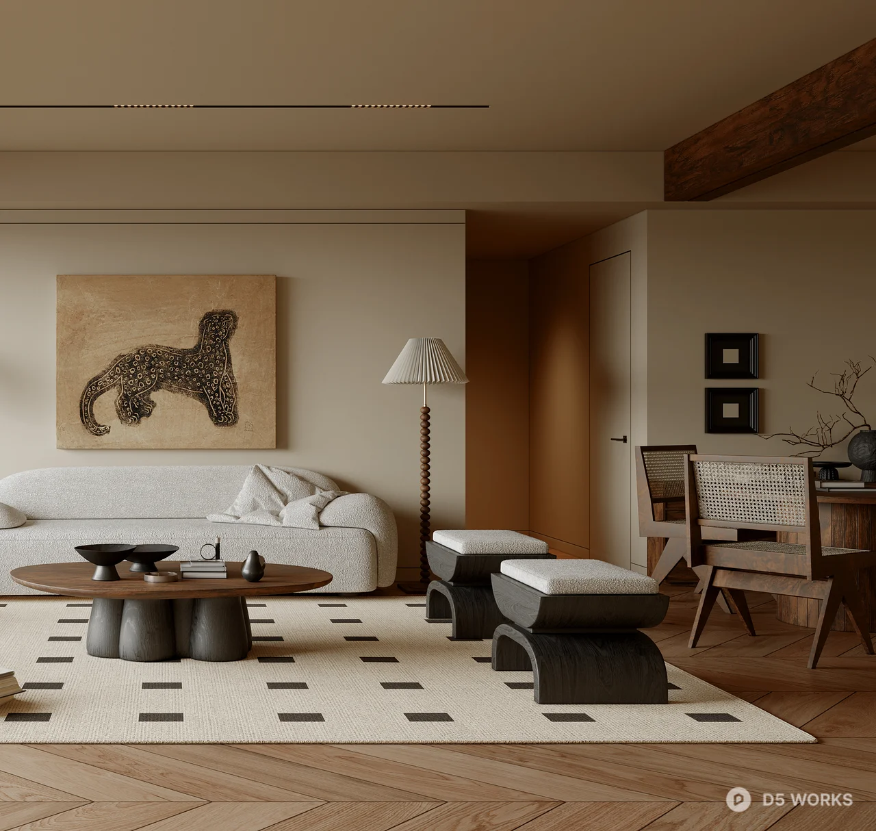 Mid Century Modern Living Room with Herringbone Flooring 3d model thumbnail 3