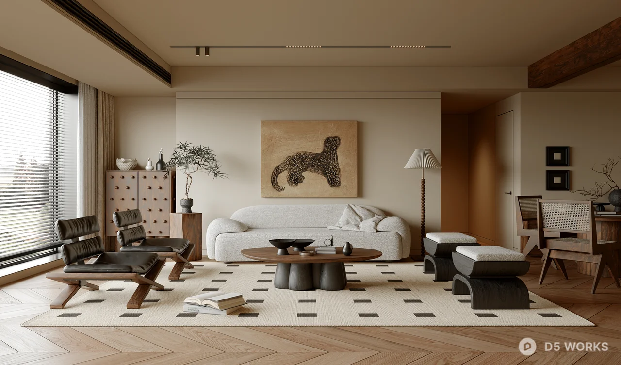 Mid Century Modern Living Room with Herringbone Flooring 3d model - Image 1