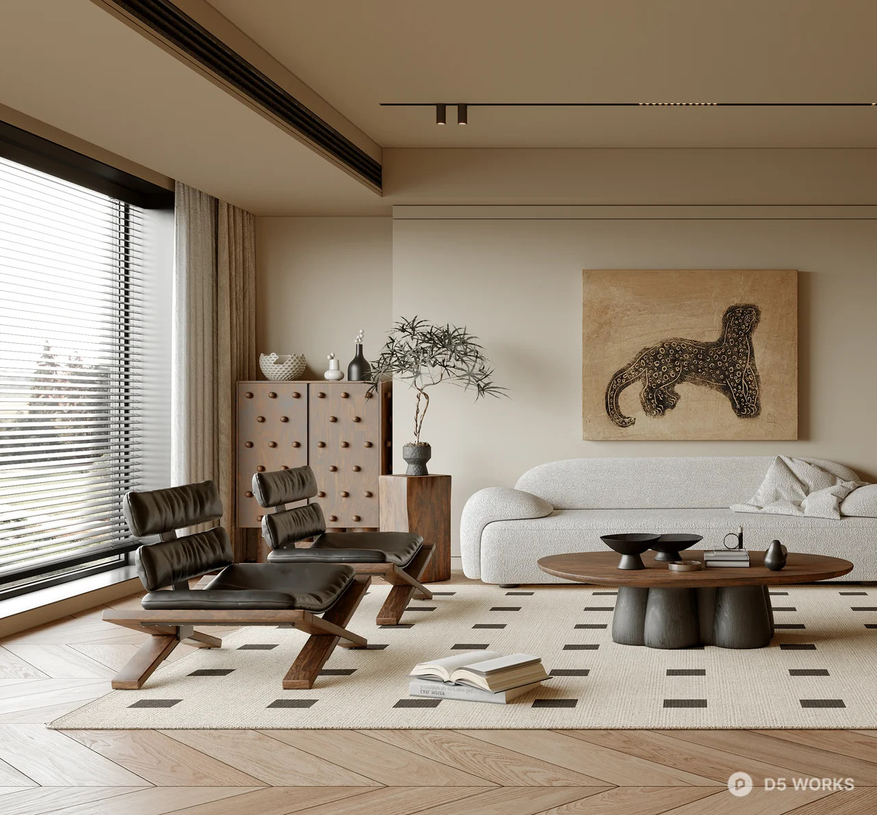 Mid Century Modern Living Room with Herringbone Flooring 3d model thumbnail 2