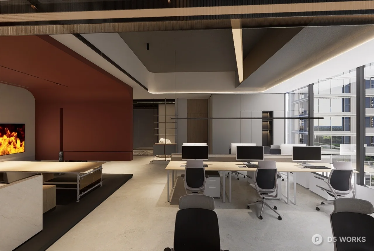 Modern Office Space With Fireplace And Large Windows 3d model - Image 1