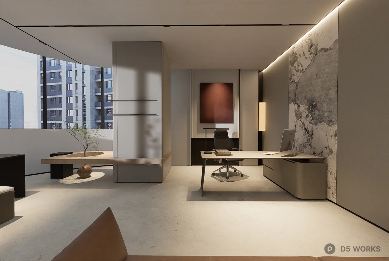 Modern Office Space With Fireplace And Large Windows 3d model thumbnail 3