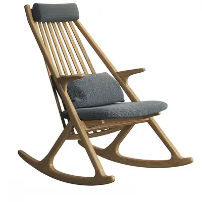 Wooden Rocking Chair With Gray Upholstery 3d model