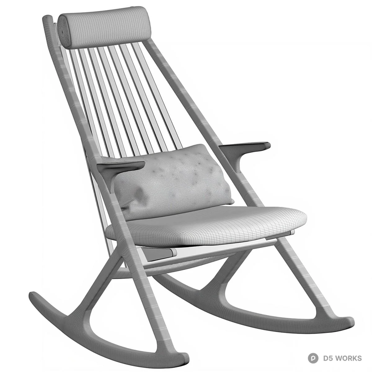 Wooden Rocking Chair With Gray Upholstery 3d model thumbnail 3