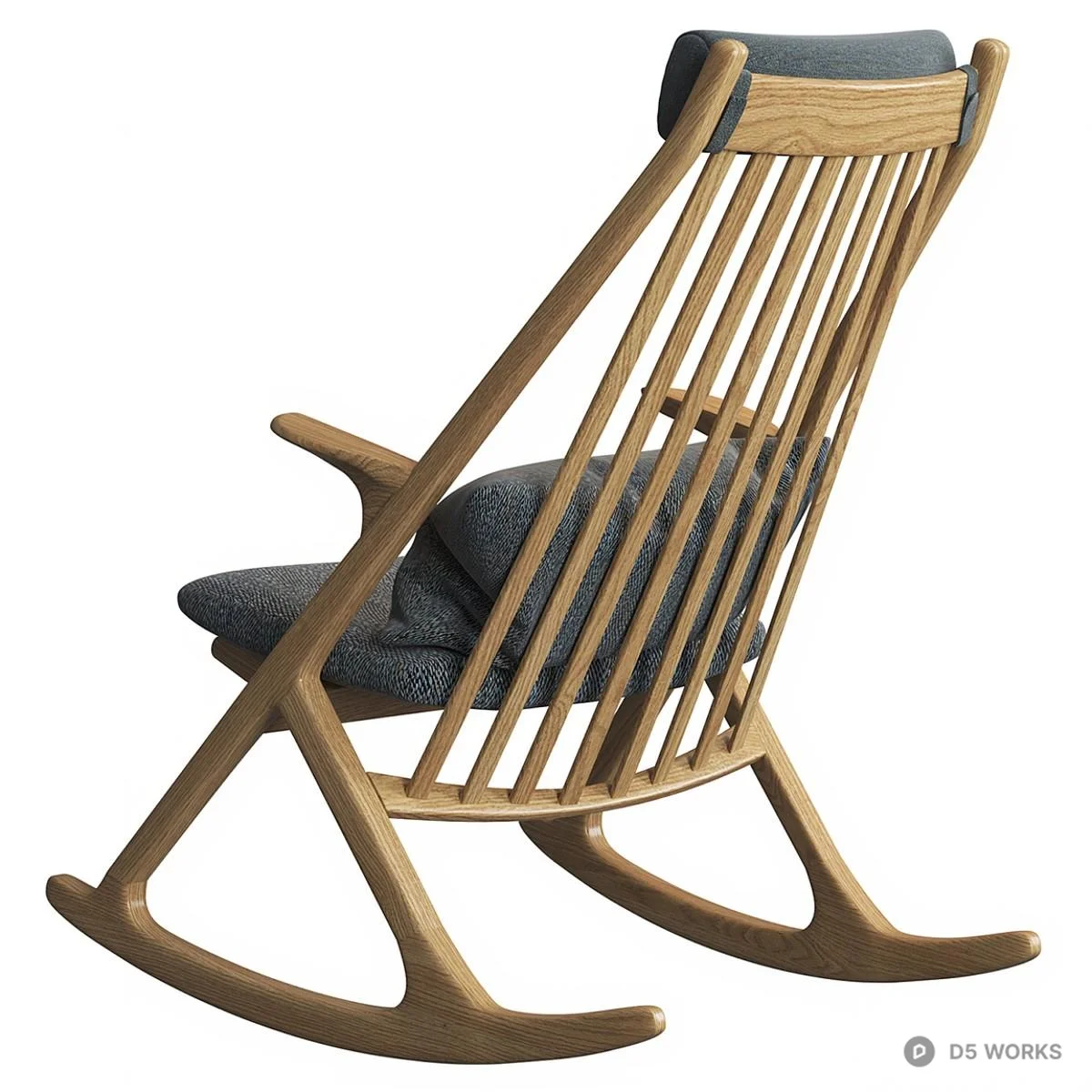 Wooden Rocking Chair With Gray Upholstery 3d model thumbnail 2