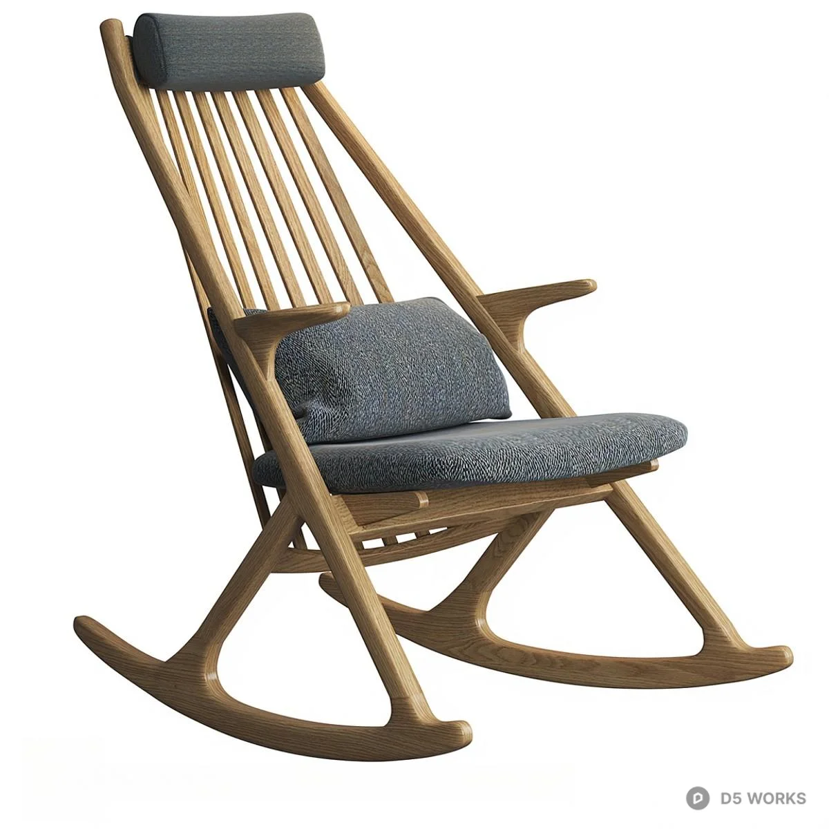 Wooden Rocking Chair With Gray Upholstery 3d model - Image 1