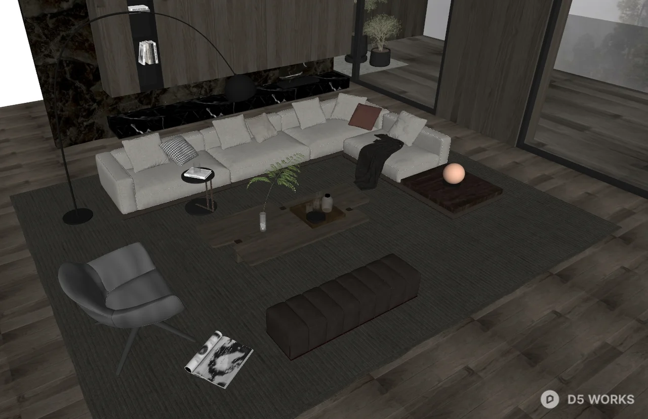 Minimalist Living Room with L-Shaped Sofa and Layered Lighting 3d model thumbnail 2
