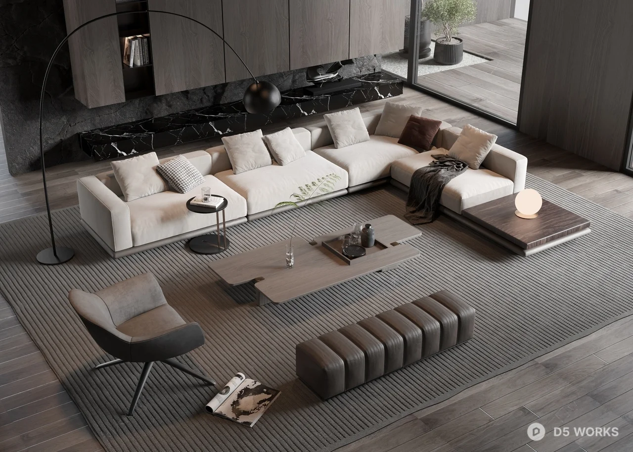 Minimalist Living Room with L-Shaped Sofa and Layered Lighting 3d model - Image 1
