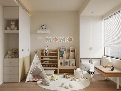 Minimalist Playful Children's Room With Teepee And Bookshelf 3d model