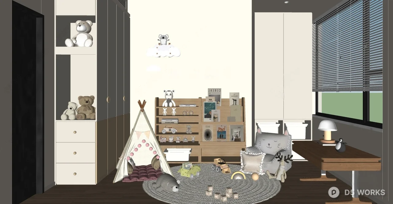 Minimalist Playful Children's Room With Teepee And Bookshelf 3d model thumbnail 2