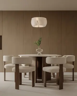 Minimalist Dining Room With Round Table And Upholstered Chairs 3d model
