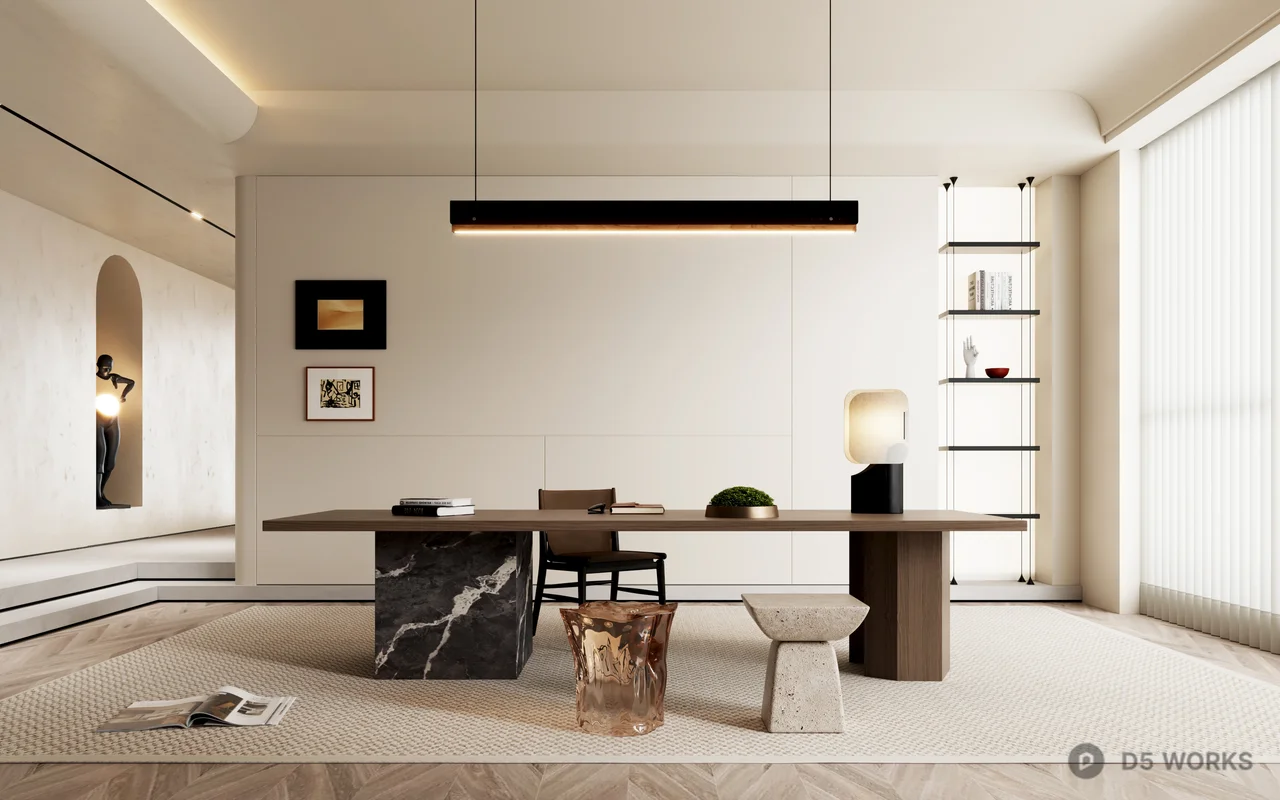Minimalist Study Room With Stone Table And Ambient Lighting 3d model - Image 1