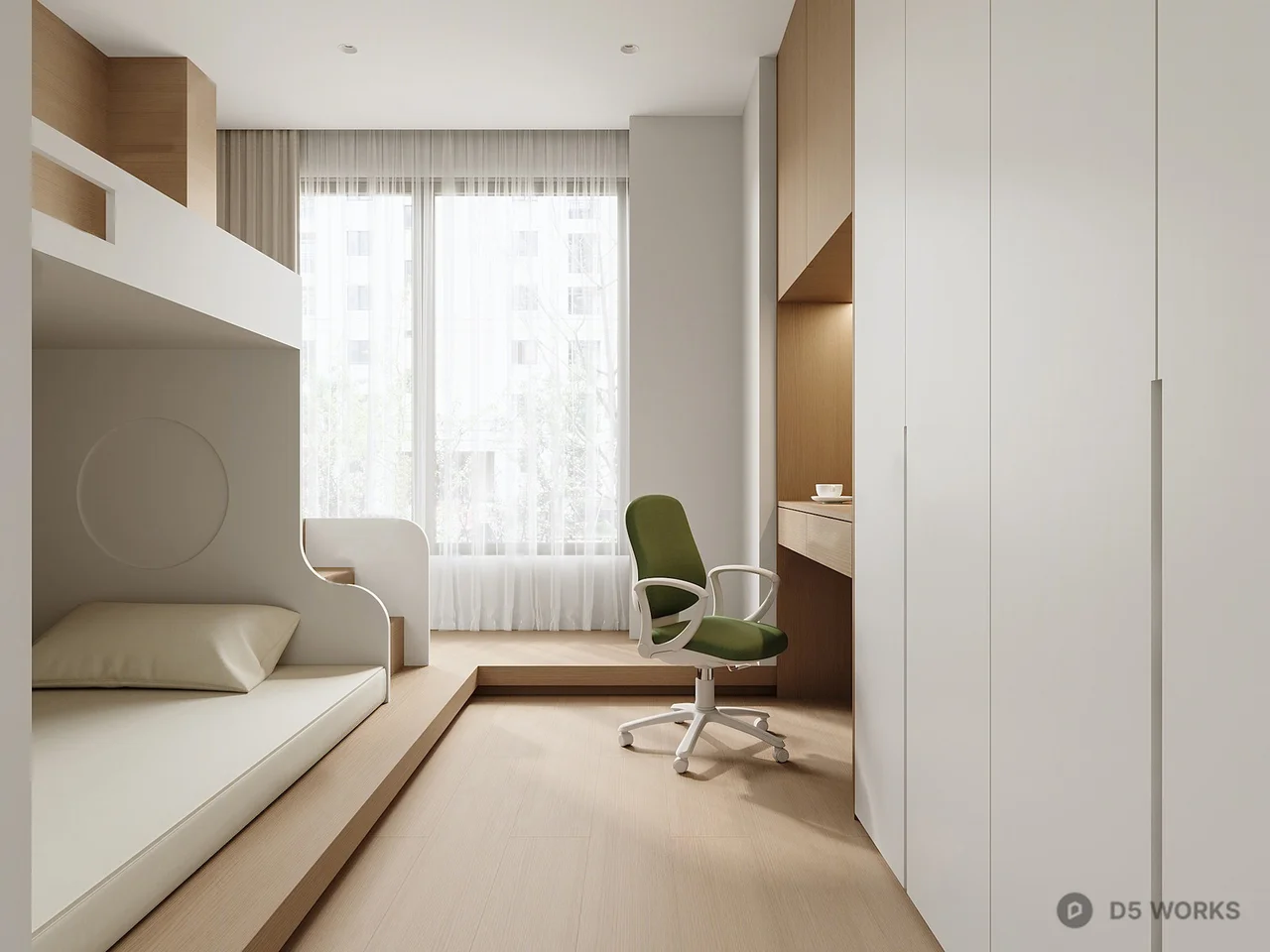 Minimalist Children's Room With Built In Bunk Bed And Study Area 3d model - Image 1