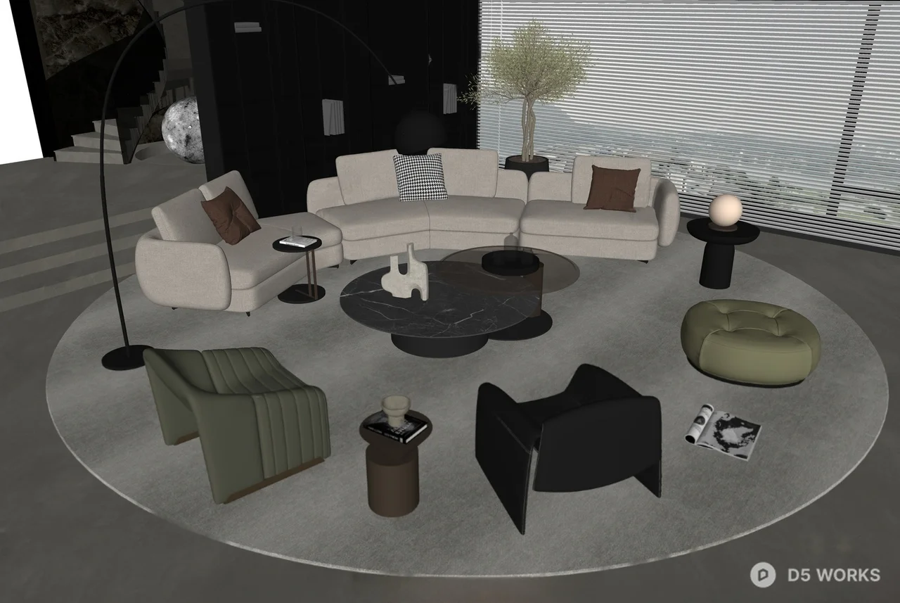 Modern Living Room With Curved Sofa And Round Rug 3d model thumbnail 2