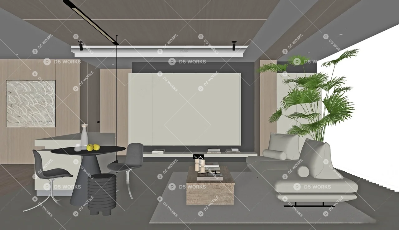 Modern Living & Dining Room 3d model thumbnail 2