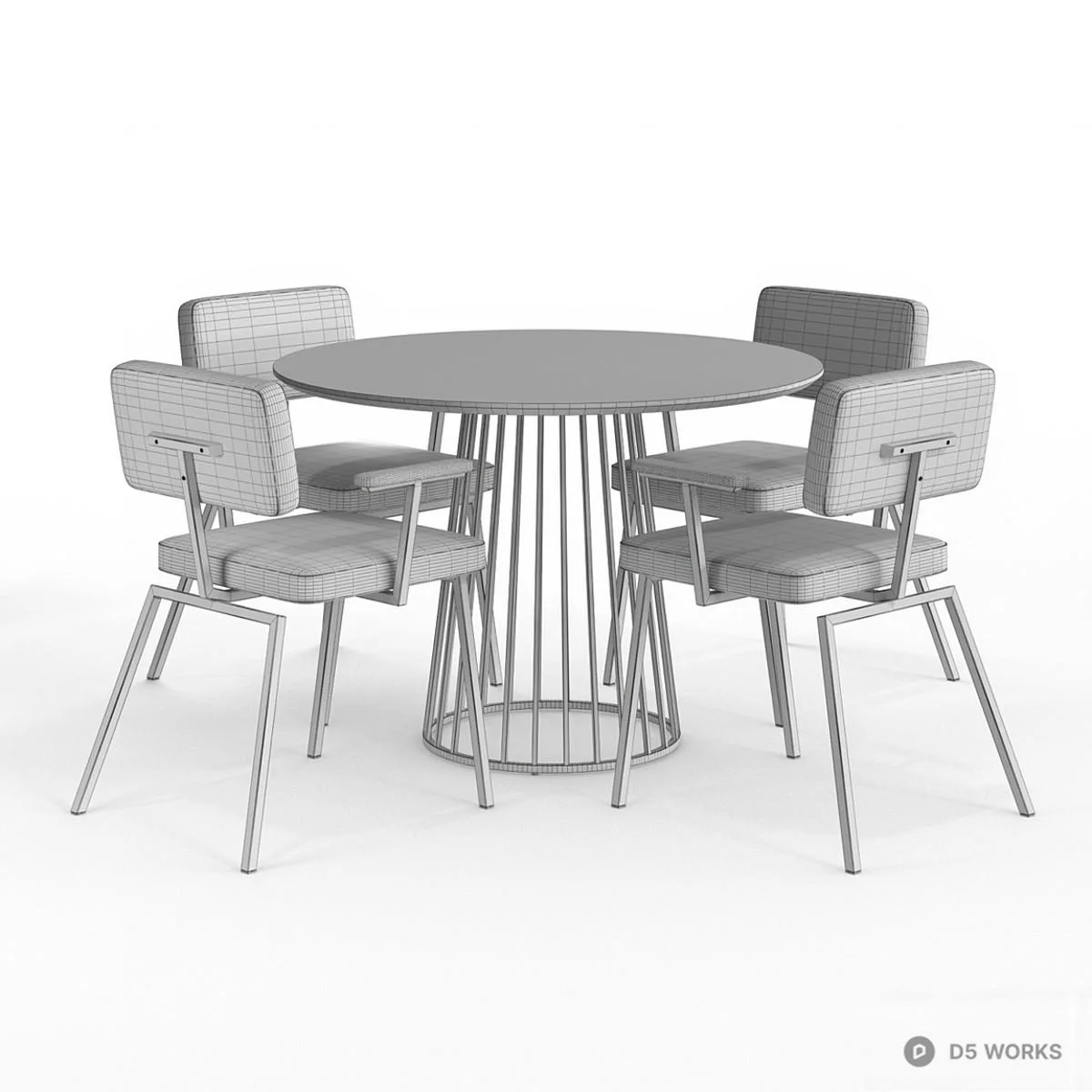 Wireframe Base Round Dining Table With Upholstered Chairs 3d model thumbnail 6