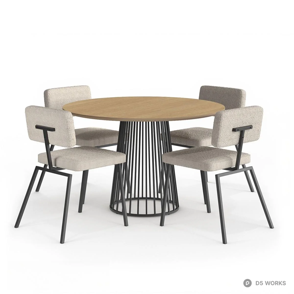Wireframe Base Round Dining Table With Upholstered Chairs 3d model thumbnail 3