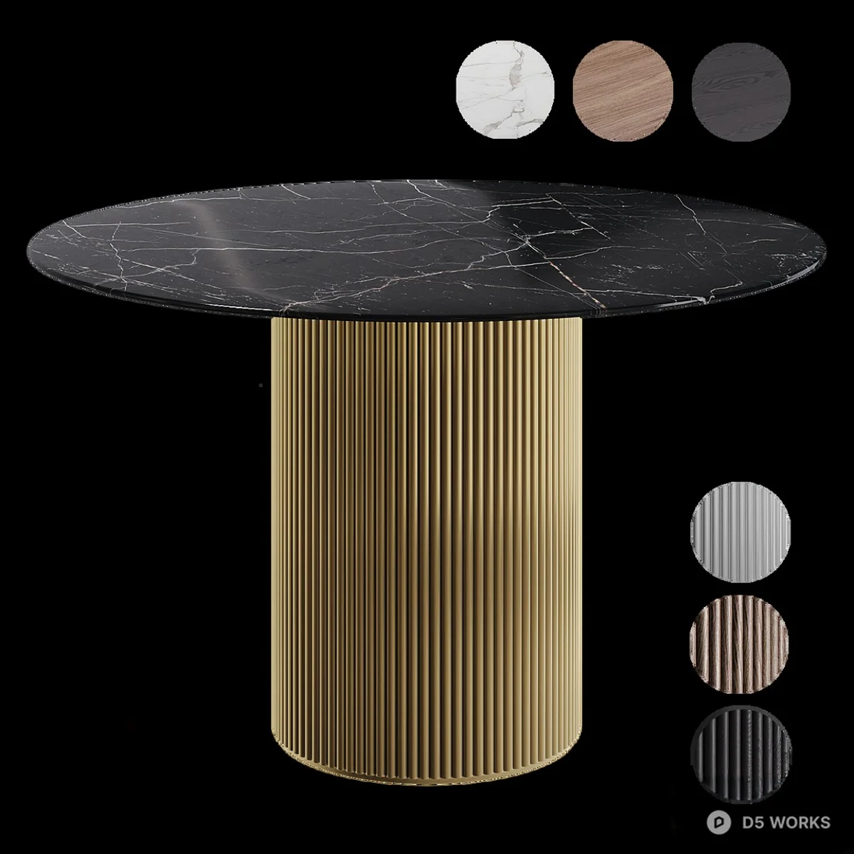 Ribbed Gold Base Marble Top Dining Table 3d model - Image 1