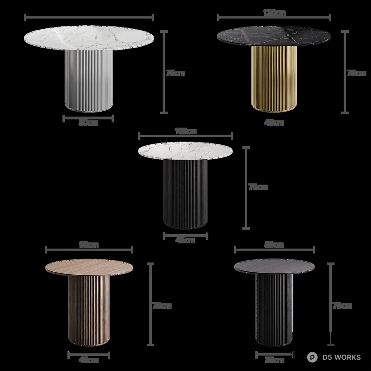 Ribbed Gold Base Marble Top Dining Table 3d model thumbnail 2