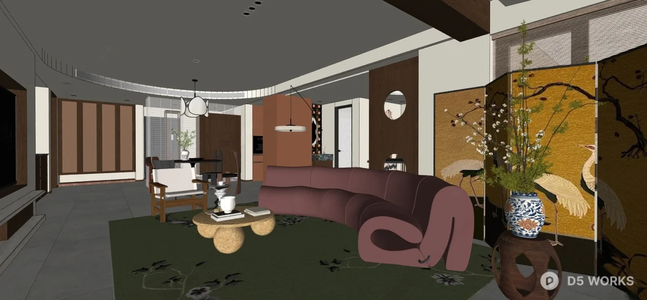 Mid Century Modern Living Room with Organic Sofa 3d model thumbnail 2