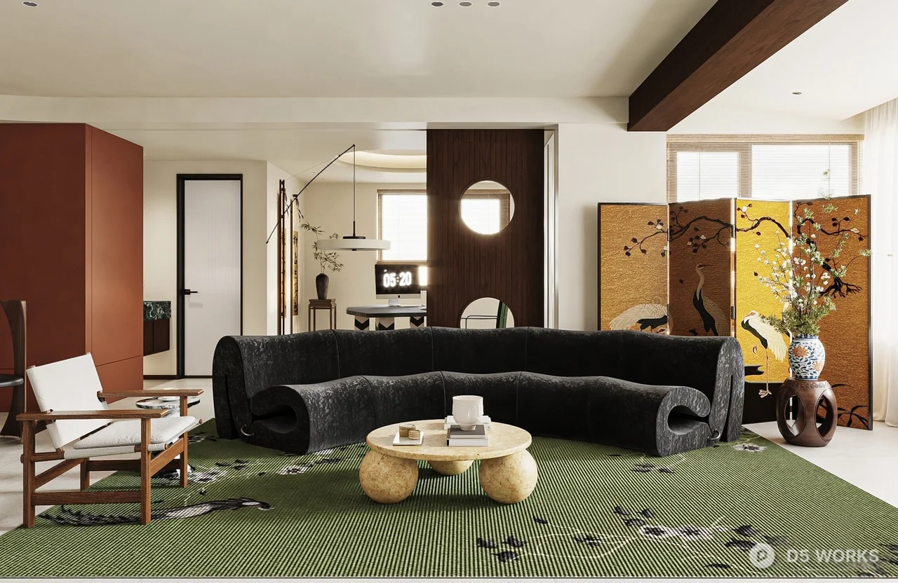 Mid Century Modern Living Room with Organic Sofa 3d model - Image 1