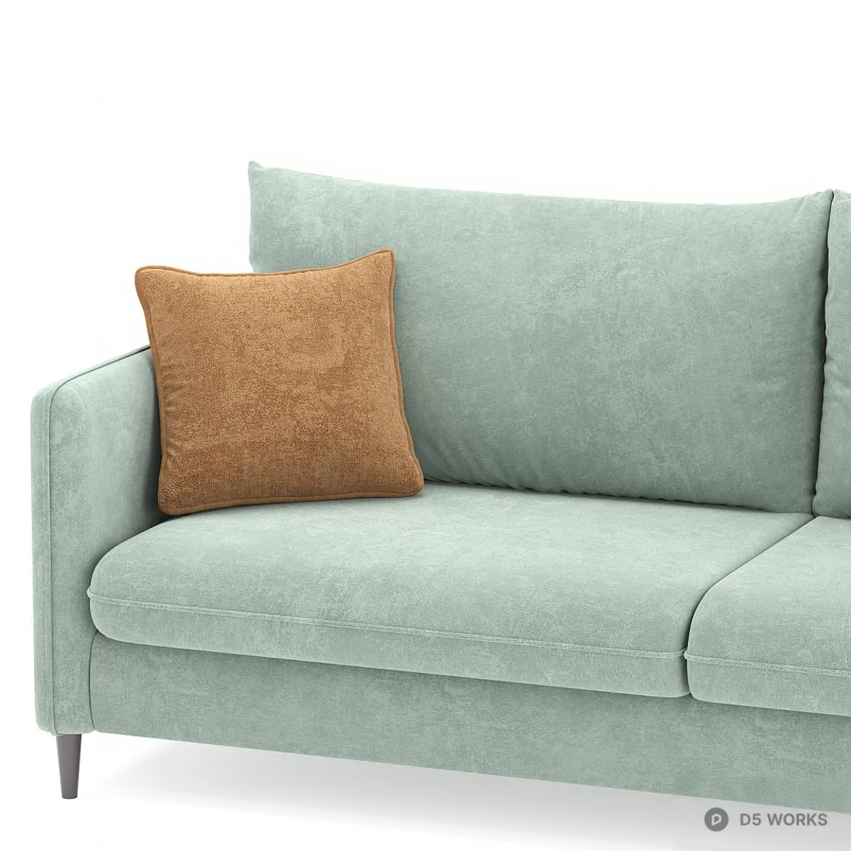 Mint Green Velvet Three Seater Sofa With Brown Cushions 3d model thumbnail 2