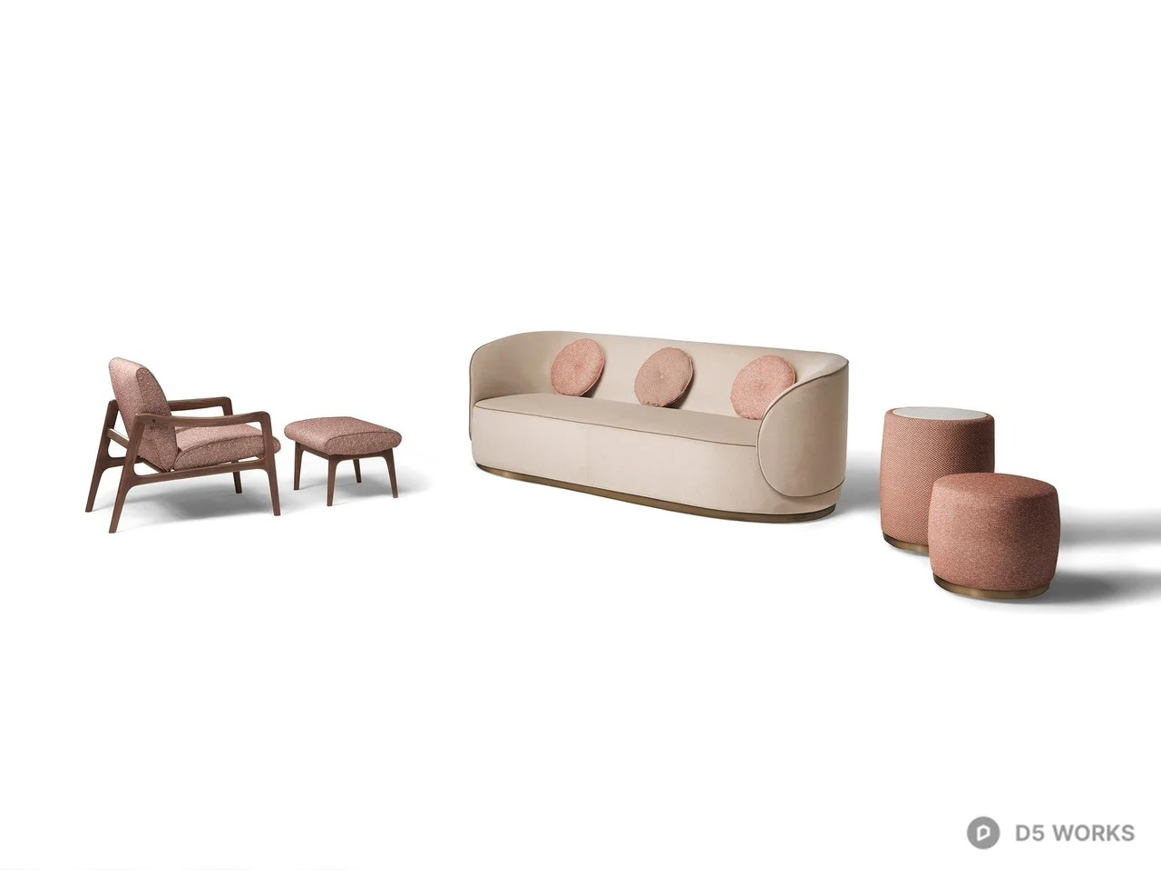 Minimalist Sofa Set with Armchair and Stools 3d model - Image 1