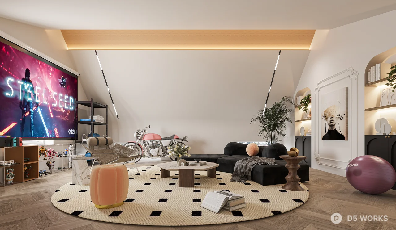 Modern Entertainment Room With Media Wall And Lounge Seating 3d model - Image 1