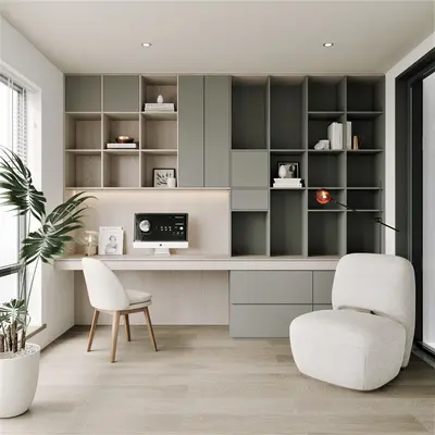 Minimalist Home Study With Integrated Storage And Lounge Chair 3d model