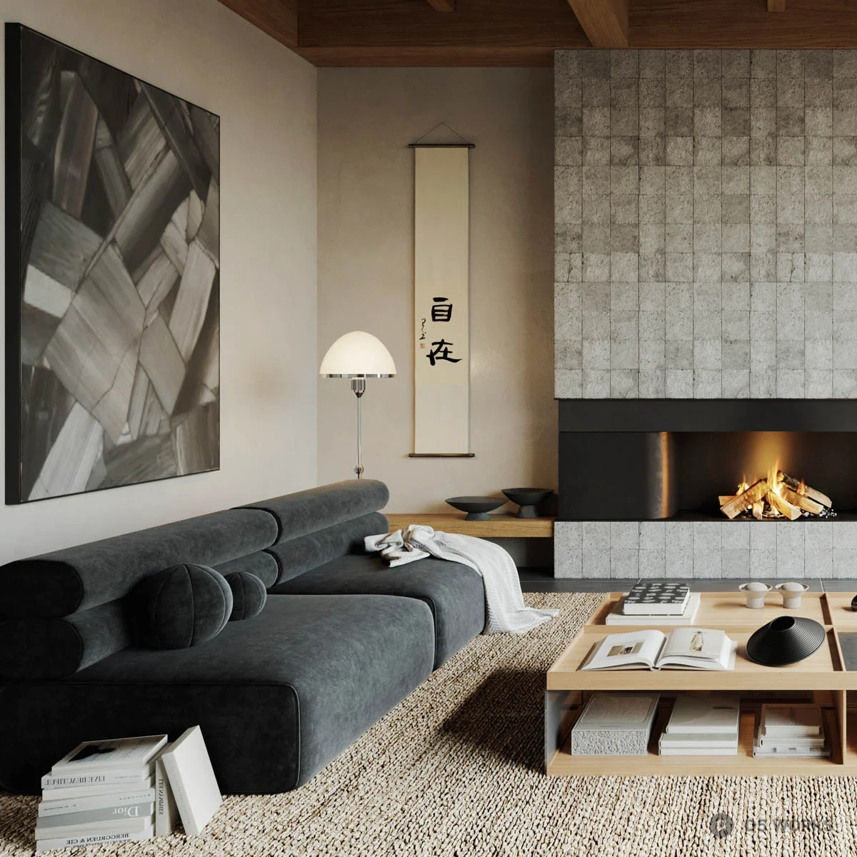 Modern Living Room with Wooden Ceiling and Fireplace 3d model thumbnail 2