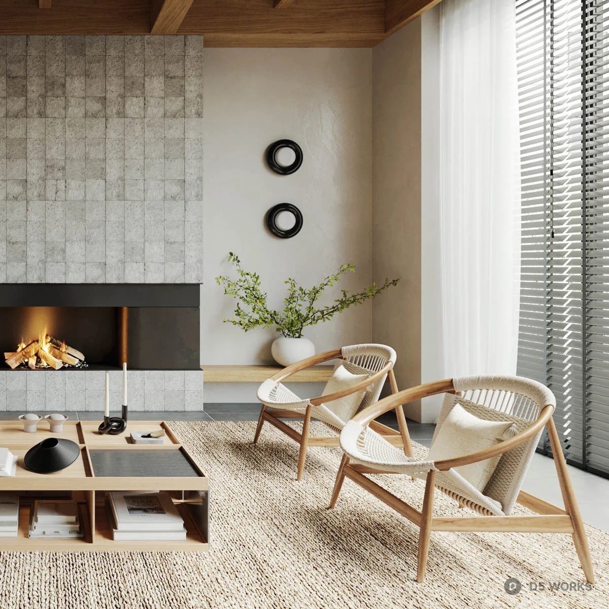 Modern Living Room with Wooden Ceiling and Fireplace 3d model thumbnail 3