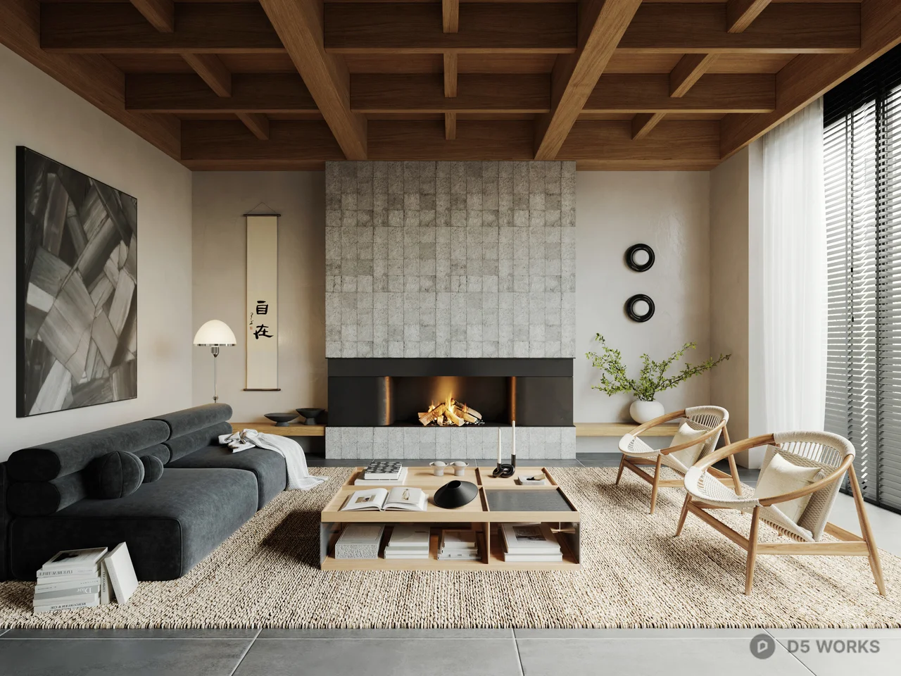 Modern Living Room with Wooden Ceiling and Fireplace 3d model - Image 1