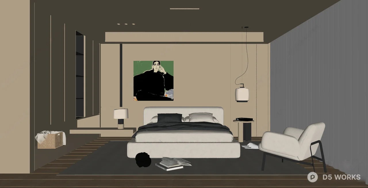 Minimalist Cream Tone Bedroom with Art Accent 3d model thumbnail 2